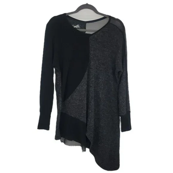 Sympli Tangent Tunic Sweater Mixed Media Lagenlook Hem Mesh Sleeve Knit Top 6-8 - Picture 9 of 12